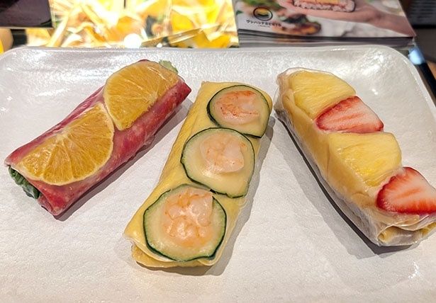数量限定・要冷蔵の生春巻き。左から「サラダロール」、「エスニックロール」、「クレープロール」(各670円)