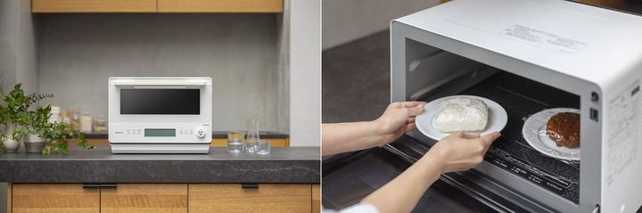 電子レンジNE-FB2D（左）（2025年9月発売）。冷凍食品と冷蔵食品を同時に温められる（右）。