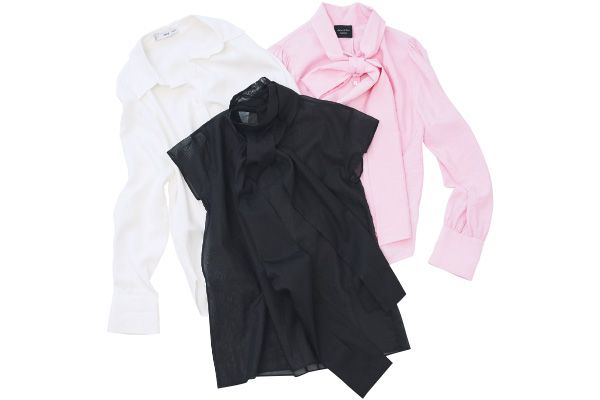 柔らかな素材のブラウスなら、バランスが取りやすく上品に見える！