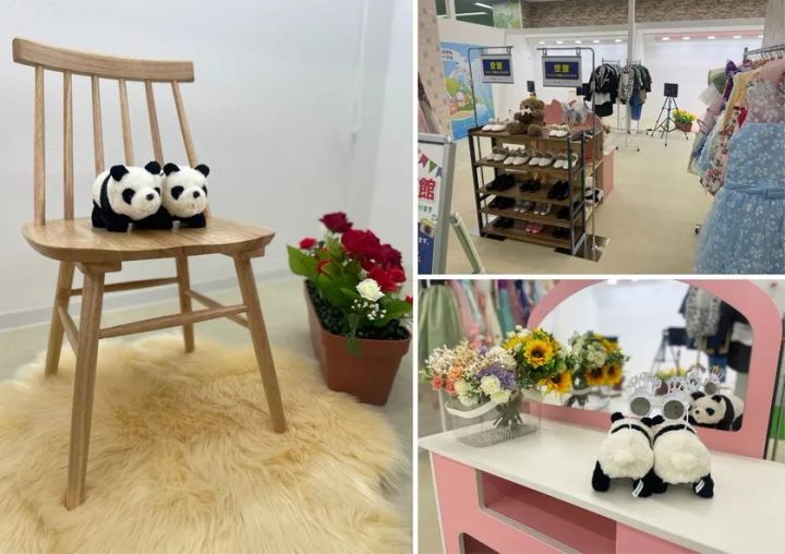 パンダのぬいぐるみを置いた木製椅子とドレッサー台、子ども用コスチュームが並ぶセルフ写真館