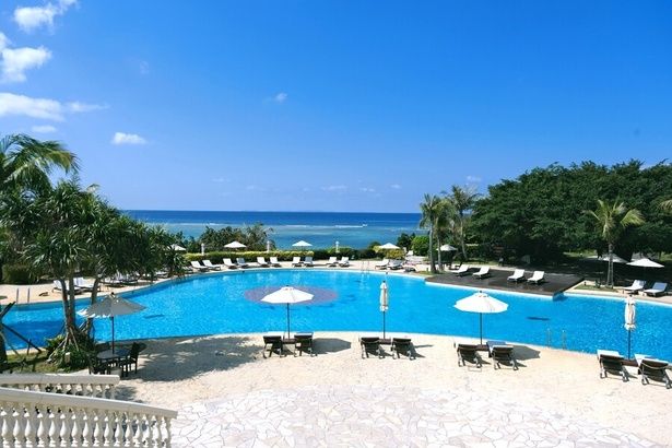 ヤシの木に囲まれたガーデンプール。7～9月はナイトプールも開催