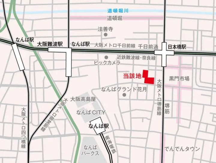大阪・なんば周辺の街区地図。千日前通沿いの当該地を赤色マークで示し、なんば駅、日本橋駅、なんばグランド花月、黒門市場など周辺ランドマークとの位置関係が分かる地図