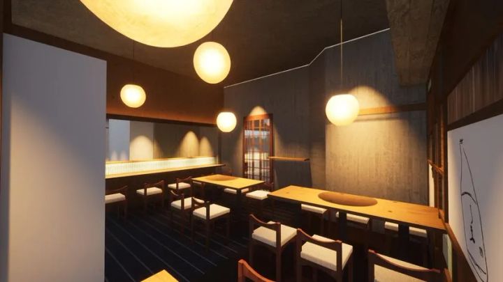 小料理や「しま」店内CGパース。カウンター席と木製テーブル席が並ぶ和の内装に、球形の和紙ペンダントライト複数が灯り、左奥に格子窓と暖簾が見える落ち着いた空間。