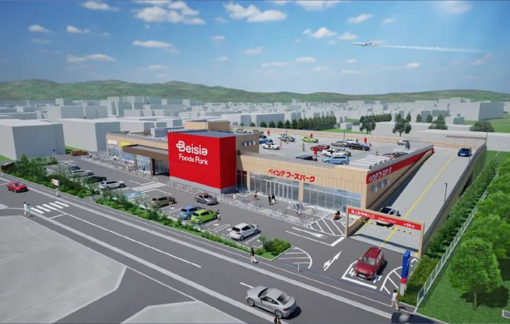 MCUD Retail東村山の外観イメージ。白を基調にした2階建ての建物の前に駐車場が広がる