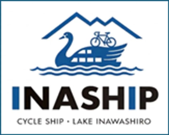 サイクルシップINASHIPの公式ロゴ。白鳥型の観光船にロードバイクを積んだイラストと山のシルエットを組み合わせたブルー系デザインで、CYCLE SHIP・LAKE INAWASHIROの英字テキストを併記。