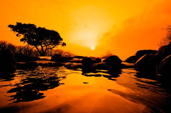 太平洋を一望する露天風呂。とろりとした湯面に夕陽が映り込み、広大な水平線まで視界が広がる