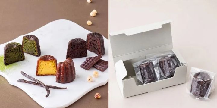 左に至福のカヌレ定番3種アソート（クラシック、ディープショコラ、グルテンフリー抹茶）、右に専用ボックスとカヌレ