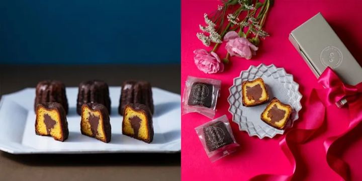 左に至福のカヌレ生チョコカヌレ3種アソート（エクアドル、サント・プリンシペ、ドミニカ）、右にカヌレの断面が花びら状の模様を描く画像