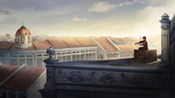 アニメ映画『The Violinist』の屋上シーン。建物の屋上でバイオリンを弾く男性キャラクターと、植民地建築風の街並みが広がる劇中カット。