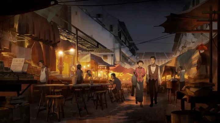 アニメ映画『The Violinist』の夜の市場シーン。ランタンが灯る屋台街を男女2人のキャラクターが歩く、アジア風の街並みを描いた劇中カット。