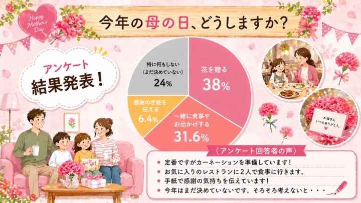 母の日のプレゼントに関するアンケート結果を円グラフで示したインフォグラフィック。花を贈る38%・一緒に食事31.6%・未定24%・手紙6.4%の割合と回答者コメントを掲載