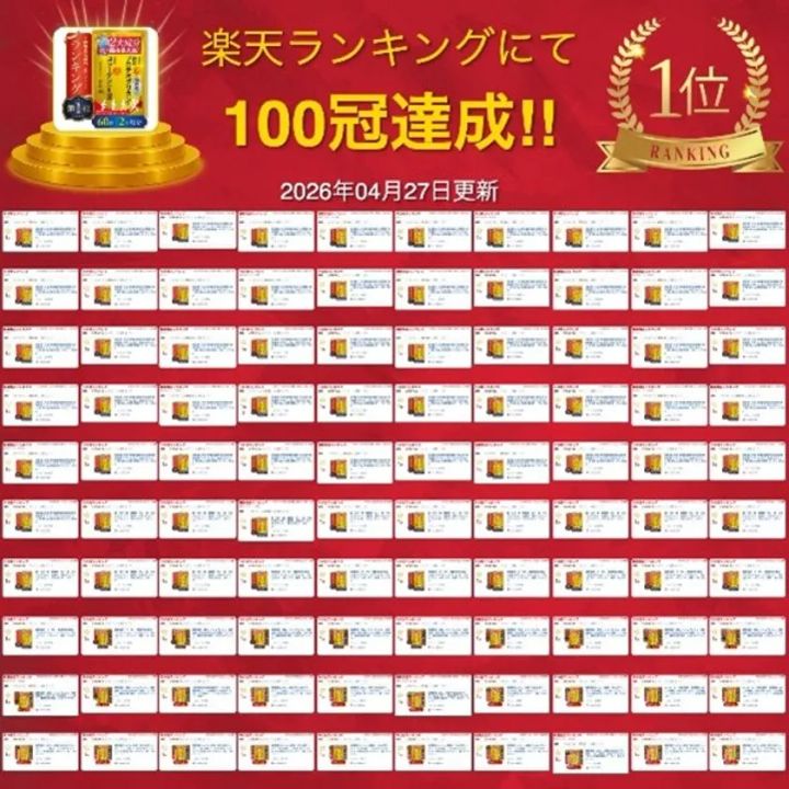 楽天ランキング100冠達成を示す実績訴求画像。金の穂・極の商品パッケージが表彰台トップに配置され、2026年4月27日更新の全100カテゴリ1位スクリーンショット一覧が並ぶ