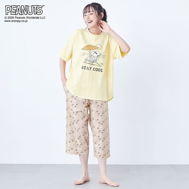 「動きやすくて気持ちがいい。デザインが可愛い、天竺トップスと布帛パンツのパジャマ(イエロー)」(4990円)