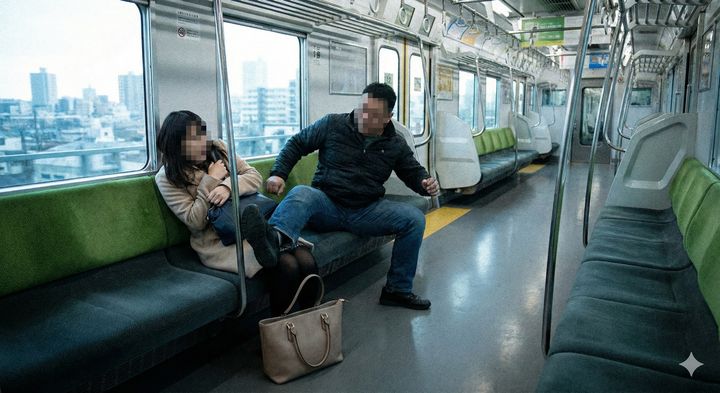 ガラガラの車内であっても、不審な人物が隣に来たらすぐに席を移動することが重要です ※Google Geminiにて作成