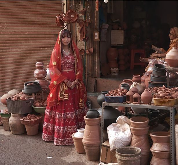 インドの街中で花嫁衣裳を着て記念撮影。 （C）嫁カレーチャンネル／KADOKAWA