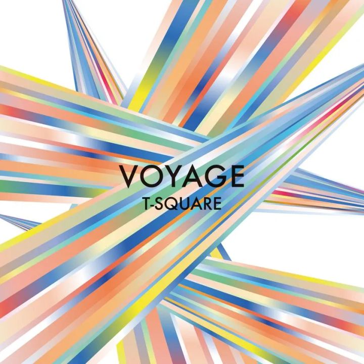 T-SQUAREのアルバム『VOYAGE』ジャケット写真。白背景に多色の帯状ラインが放射状に交差するグラフィックデザインで、中央にVOYAGE・T-SQUAREのタイトルロゴを配置