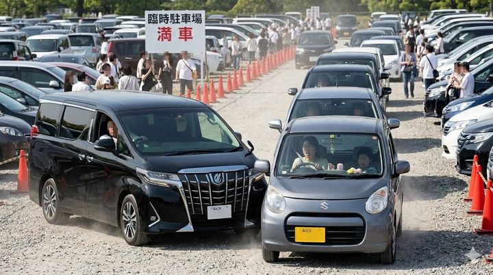 混雑する駐車場列での強引な割り込みトラブル ※Google Geminiにて作成