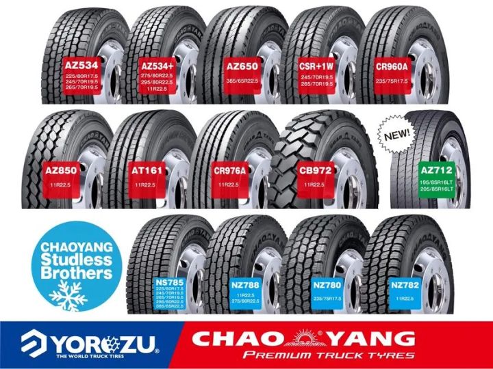 CHAOYANGトラックタイヤ全14モデルのラインナップ一覧。夏用タイヤ(AZ534/AZ650/CR960A等)と冬用スタッドレス(NS785/NZ788等)をサイズ表記付きで3段に並べ、新商品AZ712にNEWマーク表示