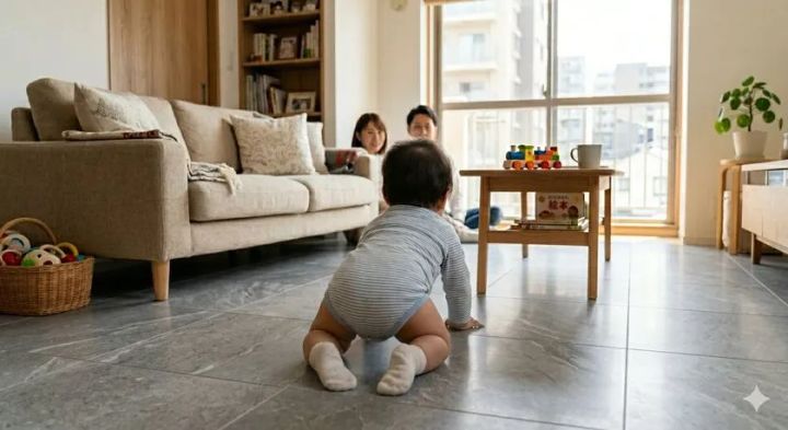 フロアタイル床のリビングで赤ちゃんが這い這いし、親がソファから見守る居住シーン