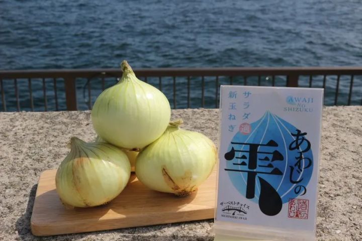 淡路島の新玉ねぎ3玉をまな板に乗せて屋外の海辺で撮影した商品写真。隣に「あわじの雫 サラダ新玉ねぎ」の商品POPと道の駅あわじのロゴが添えられている。