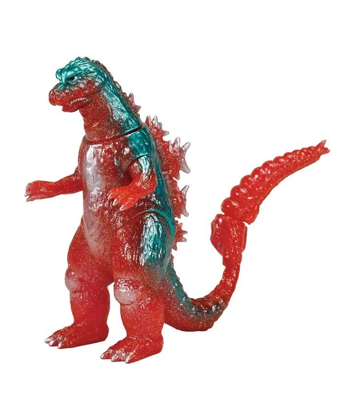 赤とティールの2色グリッタークリア成形による昭和ゴジラ造型のレトロソフビフィギュア、白背景で全身立ち姿を撮影した単品商品写真