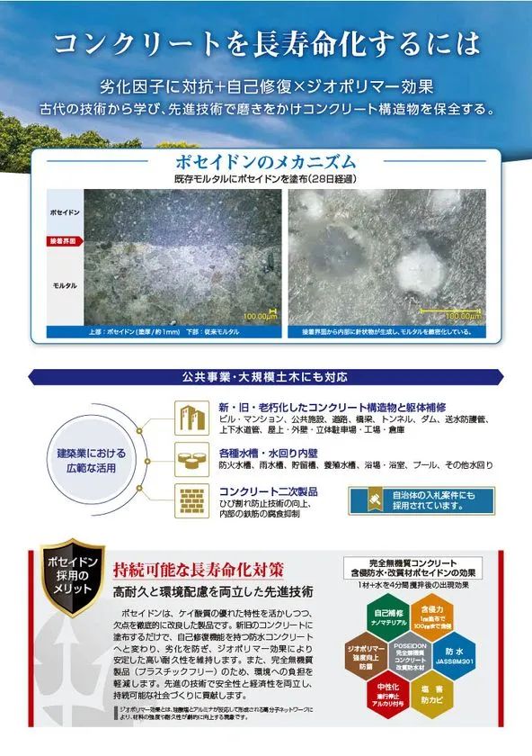 コンクリート改質・防水材ポセイドンの製品紹介チラシ（表面）。メカニズム顕微鏡写真・適用用途・自己修復/ジオポリマー効果の説明図・採用メリット一覧を掲載