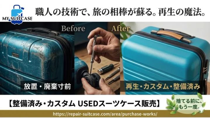 MY SUTCASEブランドのバナー。廃棄寸前の傷だらけターコイズブルースーツケース（Before）と職人による修理作業・整備済み新品同様スーツケース（After）の3分割比較で、整備済み・カスタムUSEDスーツケース販売を訴求する告知画像