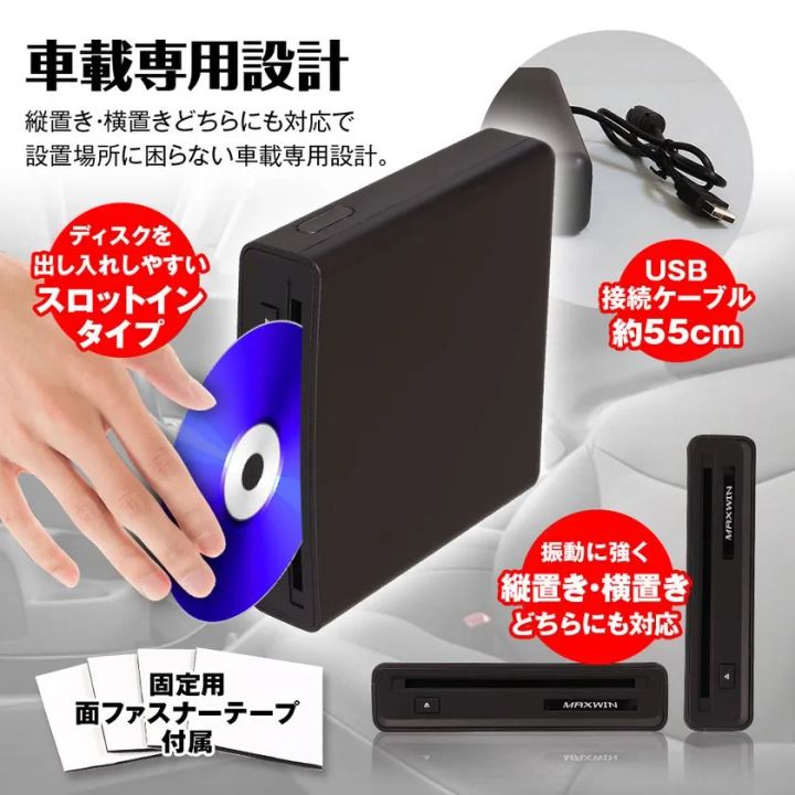 DA-DVD03の車載専用設計を示す詳細説明画像。スロットイン式へのディスク挿入手順・約55cmUSBケーブル・縦置き横置き両対応の3面外観・固定用面ファスナーテープ付属を図解で紹介。
