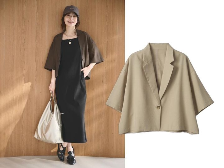 画像: エアリーリネンライク ハーフスリーブジャケット（ダークブラウン、ベージュ）各¥6,996 ◾️UVカット ◾️吸水速乾 ◾️接触冷感 ◾️防シワ 出典：ロペピクニック