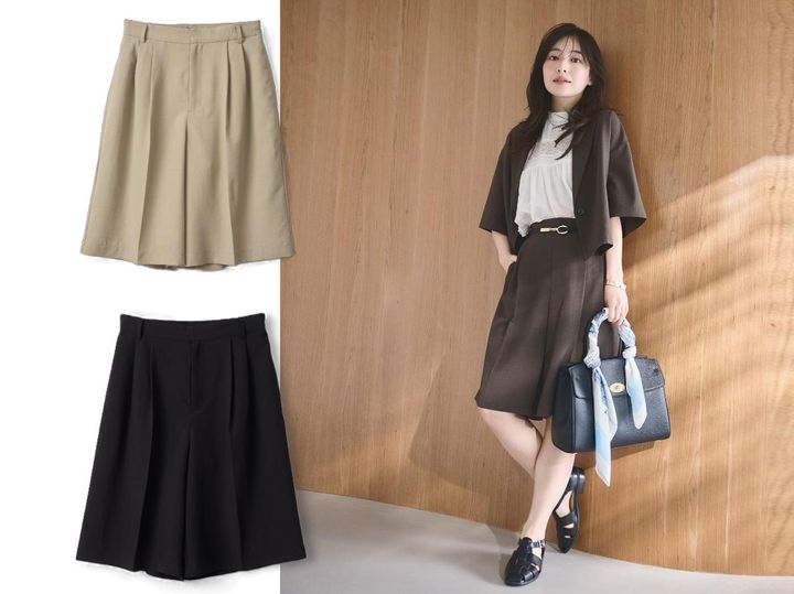 画像: エアリーリネンライク タックハーフパンツ（ベージュ、ブラック、ダークブラウン）各¥4,994 ◾️UVカット ◾️吸水速乾 ◾️接触冷感 ◾️防シワ ※表地に接触冷感素材を使用 出典：ロペピクニック