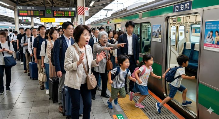並んでいたのに…子どもの猛ダッシュで座席を占拠される ※Google Geminiにて作成