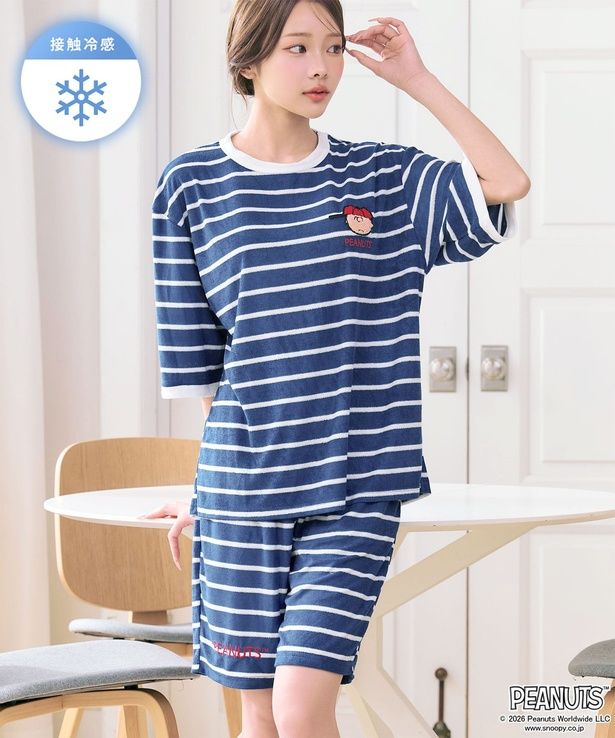 「接触冷感 ボーダーパイル 半袖 上下セット(男女兼用サイズ/ネイビー)」(5390円)