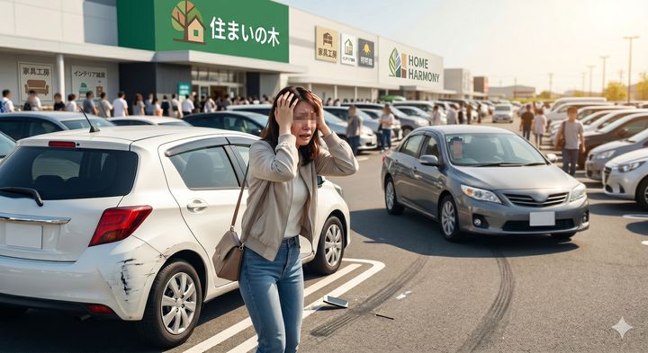 混雑する駐車場での接触事故と相手の逃走 ※Google Geminiにて作成