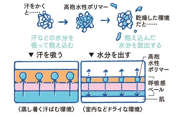 【高抱水性ポリマー】汗をかくと……→汗などの水分を吸って抱え込む、〈蒸し暑く汗ばむ環境〉→汗を吸う／乾燥した環境だと……→抱え込んだ水分を放出する、〈室内などドライな環境〉→水分を出す