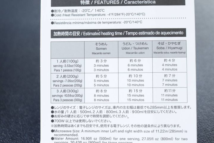 電子レンジ調理器麺類用 加熱時間表