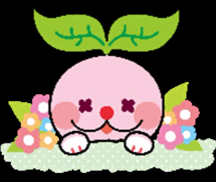 サムティのキャラクター（ピンク色の丸い植物系マスコット）が花に囲まれて顔をのぞかせているイラスト。頭部に葉っぱが生えた愛らしいデザイン。