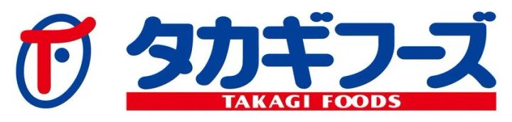タカギフーズ（TAKAGI FOODS）の企業ロゴ。青字のカタカナ社名と赤帯の英字表記、円形マークで構成されたブランド識別画像