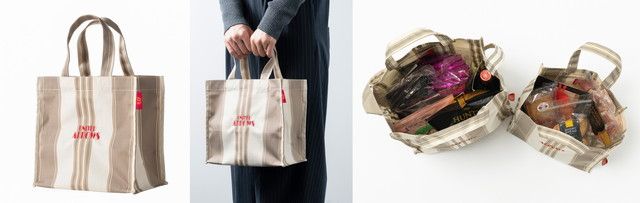 UNITED ARROWS×成城石井 オリジナルショッピングバッグ小サイズ。正面・手持ちイメージ・内側の収納の3カット