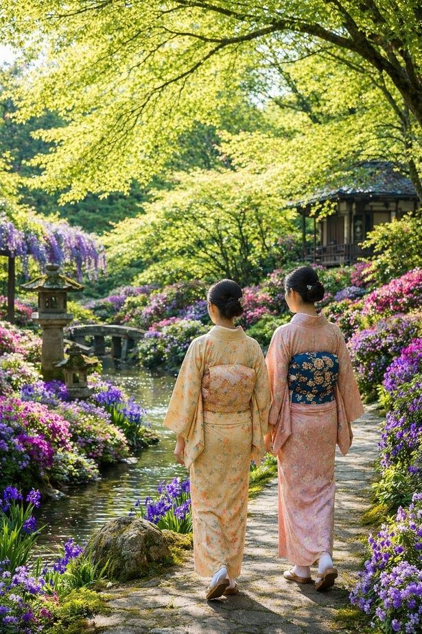着物で巡る、新緑と花々の庭園街道(イメージ)