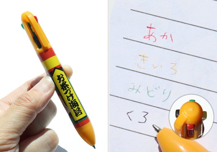 お茶づけ海苔デザインの4色ボールペンを手に持っている様子と、メモ用紙に4色で書いた様子