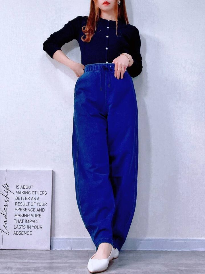 GU デニムスウェットバレルレッグパンツQ（65 BLUE）154cm着用正面