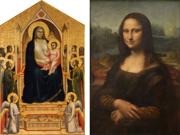 （左）ジョット《荘厳の聖母（オニサンティの聖母）》1310-11年頃、ウフィツィ美術館、フィレンツェ（イタリア）