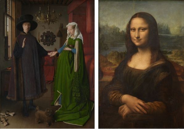 （左）ヤン・ファン・エイク《アルノルフィーニ夫妻像》 1434年、ナショナル・ギャラリー、ロンドン（イギリス）