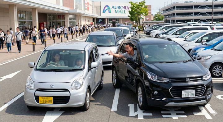 駐車待ちの列での強引な割り込みと相手の逆ギレ ※Google Geminiにて作成
