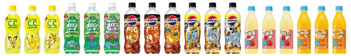 ポケモン進化ボトル全18種を白背景で1列に並べた商品ラインナップ一覧。左からC.C.レモン2種・POPメロンソーダ3種・ペプシBIG ZERO系6種・なっちゃんりんご／オレンジ各種で、各ボトルのポケモンデザイン差分が確認できる整列ショット。