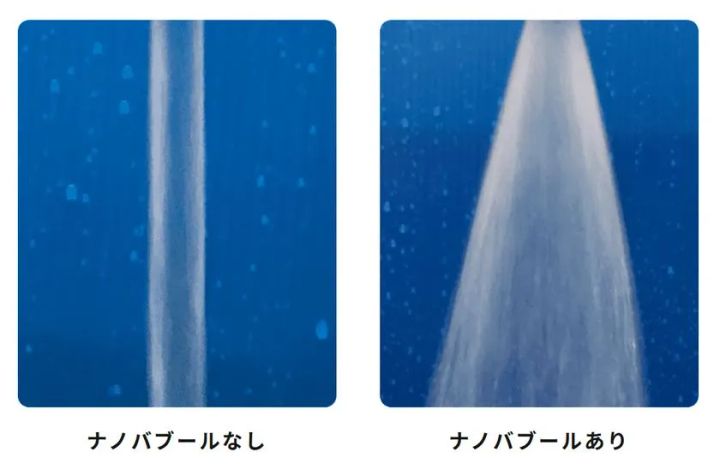 ナノバブールなし・ありの水中噴射を対比した比較写真。左は細い直線状の水流、右はナノバブール使用時の白濁した扇状の拡散水流を水中で撮影。