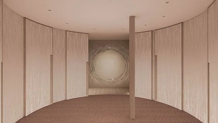 円形の壁面アート作品を奥に据えた湾曲した木調パネルの廊下空間で、スモールラグジュアリーホテルのエントランスまたはロビーのインテリアCGパース