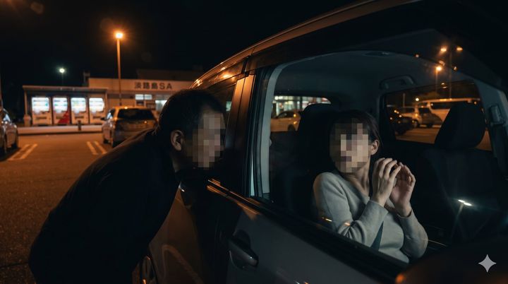 深夜の休憩中に声をかけられ、車までついてこられる恐怖 ※Google Geminiにて作成