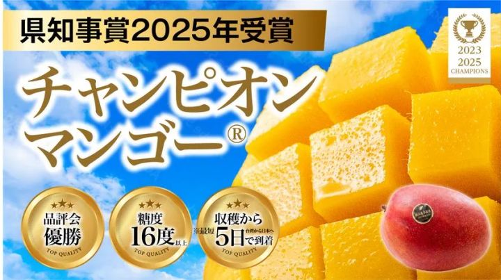 チャンピオンマンゴーの商品紹介バナー。県知事賞2025年受賞・品評会優勝・糖度16度以上・収穫から最短5日で到着の3つのバッジと、角切りにしたマンゴー果肉と丸ごと1個の実物写真を配置