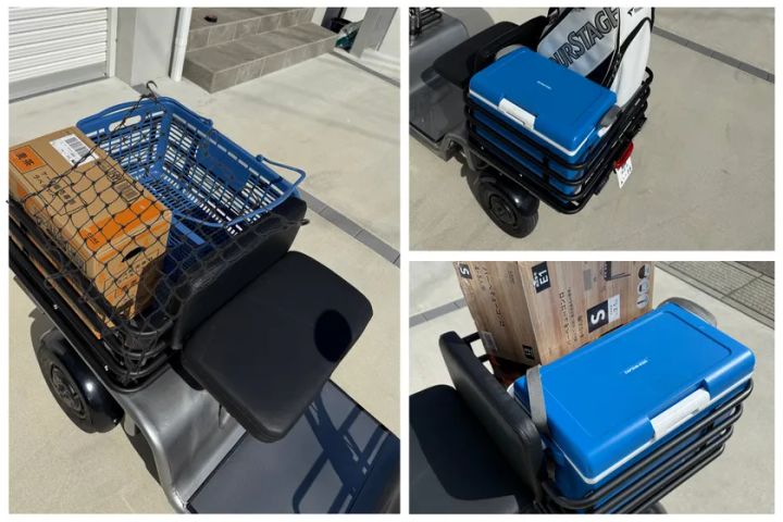 エレカーゴの荷台に青いかご・ダンボール箱・クーラーボックス・ゴルフバッグなど多様な積載物を載せた3分割の使用シーン比較写真